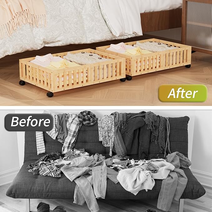 Bamboo Under Bed Storage with Wheels,Rolling Underbed Shoe Organizer Box for Shoes,Blankets,Toys,Clothes Container Space-Savi