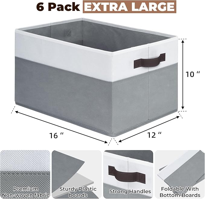 Criusia 6 Pack Clothes Bins for Organization - 16x12 Extra Large Storage Baskets for Shelves Closet Bedroom - Toy Storage Org