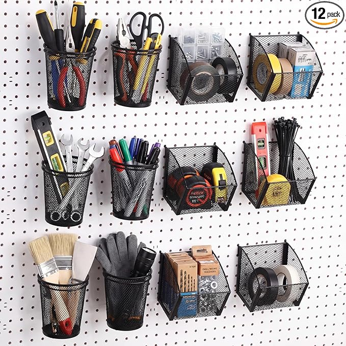 6 Set Pegboard Accessories Wall Organizer Peg Board Baskets and Cups Black Metal Pegboard Baskets and Wire Mesh Cup with Ring
