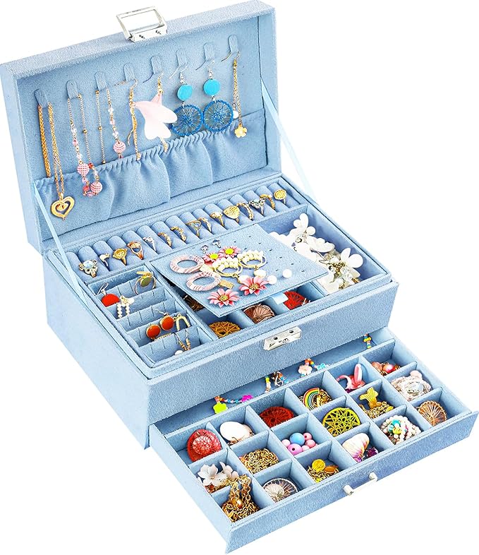 QBestry 3-Layer Jewelry Box for Girls & Teens with Lock and Key, Large Jewelry Organizer with 8 Necklace Hooks & 56 Earring H