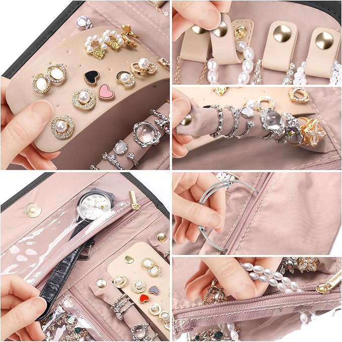 Travel Jewelry Organizer Box, Foldable Travel Case for Earrings, Necklaces, Rings, Bracelets, Black