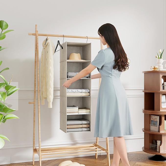 Hanging Closet Organizer, Easy Mount Foldable 5-Shelf Hanging Closet Wardrobe Storage Shelves, Clothes Handbag Shoes Accessor