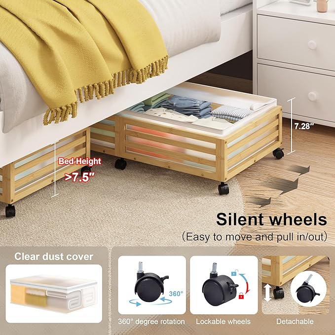 Under Bed Storage Containers With Wheels - 2 Pcs Large Bamboo Wood Rolling Underbed Shoe Storage Bins With Dust Bags for Clot