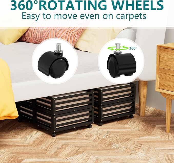 Wisuce Bamboo Under Bed Storage Containers- Underbed Organizer with Wheels with Large Dust Bag,Sturdy Wood Rolling Under the 