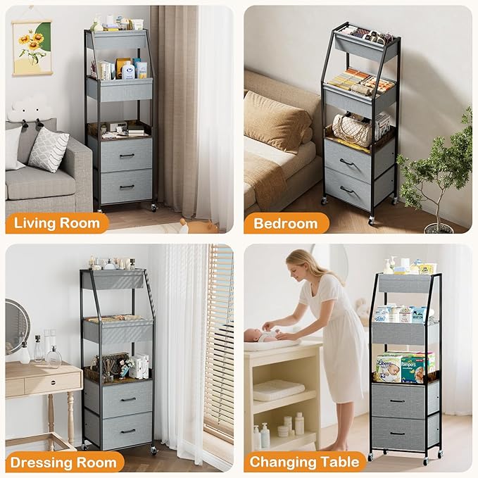 Baby Diaper Caddy Organizer and Storage - 5 Tier Rolling Cart with Dividers and Drawers, Mobile Utility Cart with Wheels for 