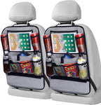 LUCMO Car Backseat Organizer with Touch Screen Tablet Holder-2 Pcs,9 Storage Pockets Car Storage Organizer Protectors Kick Mats Travel Accessories for Kids-Grey