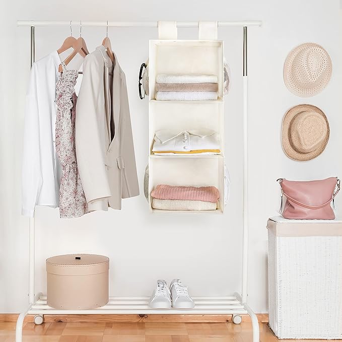 MAX Houser 3-Shelf Hanging Closet Organizer, Hanging Sweater Organizer, Foldable Hanging Shelves for Closet with 2 Velcro, Be