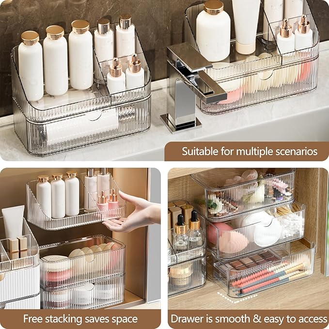 Medicine Cabinet Organizer 6 Tier, Stackable Bathroom Mirror Cabinet Organizers，Small Makeup Storage with 4 Drawer and 2 Tray