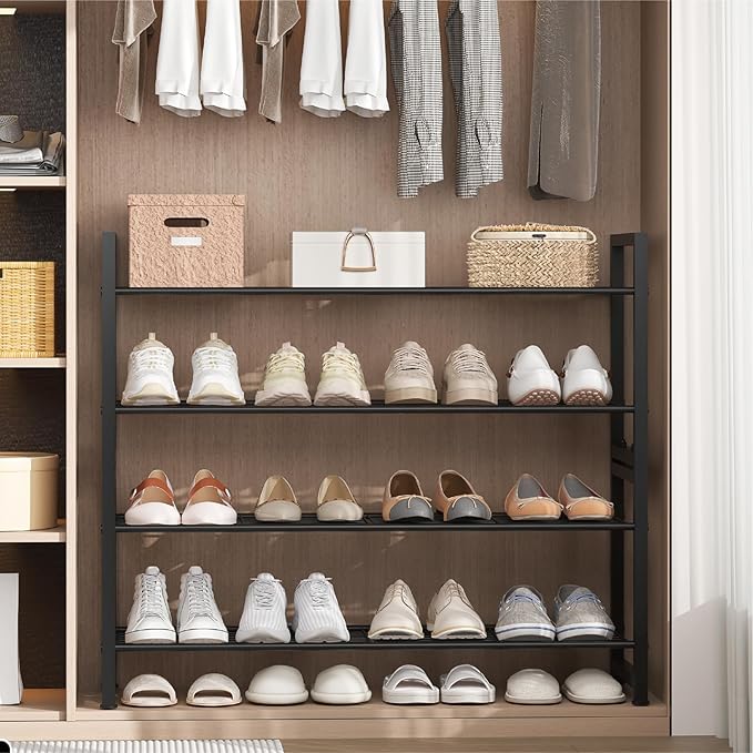 Stackable Shoe Rack, 4 Tier Metal Shoes Rack Storage Organizer,Large Capacity Shoe Shelf Holds 24 Pairs of Shoes,Sturdy and S