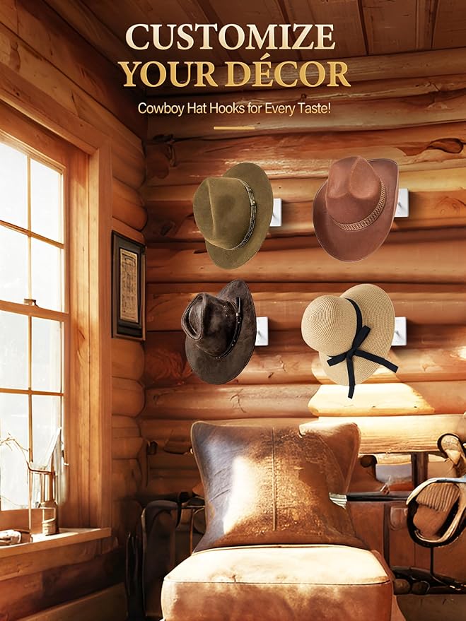 Cinati Cowboy Hat Rack for Wall, 4 Pack Cowboy Hat Holder Wall Mount, Western Rustic Metal Cowboy Hat Hanger, Hat Hooks for C