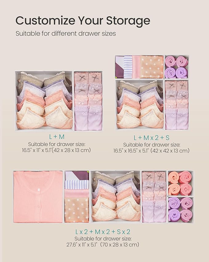 SONGMICS Drawer Organizer,Dresser Drawer Organizers, Set of 12, Foldable Fabric Storage Bins for Socks, Underwear, Bras, Ties