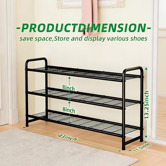 Ekisemio 3-Tier Long Metal Shoe Rack, Wide Stackable Shoe Organizer for Closet & Entryway, with Sturdy Wire Grid Storage Shel