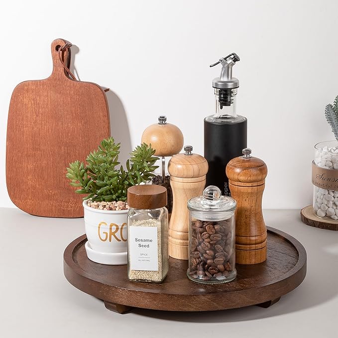 Round Decorative Tray Wood Bathroom Counter Organizer Farmhouse Kitchen Decor Wooden Riser for Soap Dish, Perfume, Candle, Sp