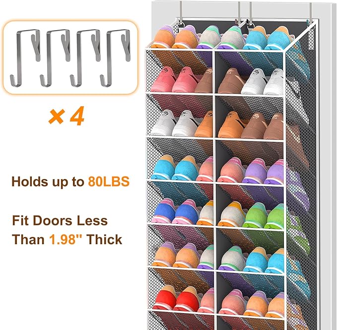20-30 Pairs Over the Door Shoe Organizer, Breathable Mesh Pocket Hanging Shoe Storage for Closet, 10-Tier Door Shoes Rack, Ha