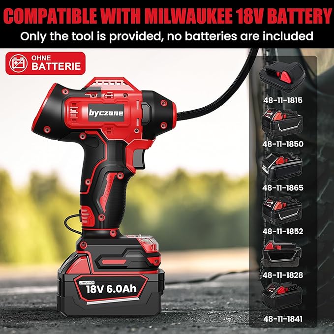 Tire Inflator Compatible with MILWAUKEE 18V Max Battery, 160 PSI Cordless Air Compressor With 12V DC Car Adapter,LCD Digital Pressure Gauge for Car, Bike, Sport Ball (No Battery)