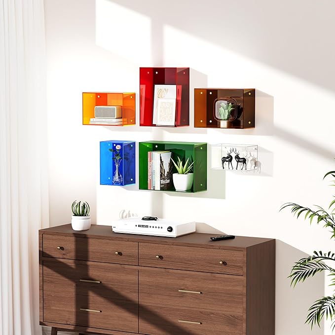Acrylic Floating Shelves for Wall, Wall Mounted Square Cube Shelf for Bedroom Living Room Bathroom Kitchen, Storage Shelf Dis