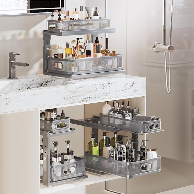 2 Pack 18.5IN-Depth Under Sink Organizer With Next-Gen Ball-Bearing Slides,2-Tier Precision Mesh Pull Out Cabinet Storage for