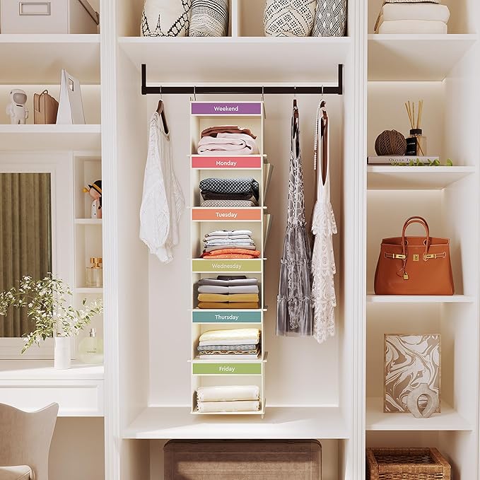 YOUDENOVA 6-Shelf Weekly Hanging Closet Organizer, Weekly Clothes Organizers for Kids with 2 Side Pockets, Beige