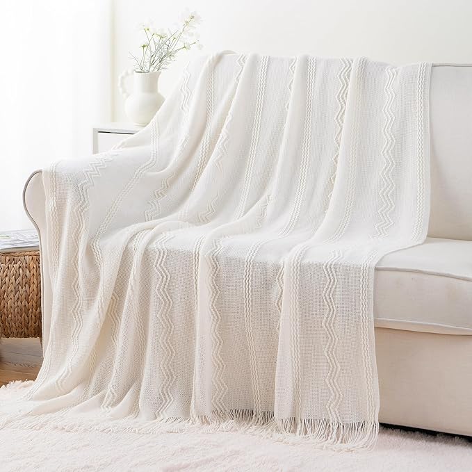 BATTILO HOME Cream Throw Blanket for Couch, Bedroom Decor Boho Throw Blanket, Decorative White Blanket Throw for Sofa Living 