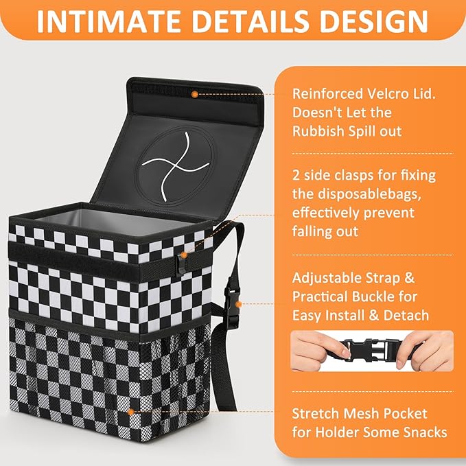 Car Trash Can Bin with Lid Hanging for Back Seat, Car Accessories for Women Men Leak Proof Automotive Garbage Cans Leakproof Vehicle Trash Can for Truck SUV,Black White Checkered