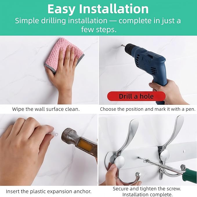 Stainless Steel Wall Hooks for Clothes, Multifunctional Towel Hat Rack Organizer, Wall Mounted Coat Rack Durable Hangers for 