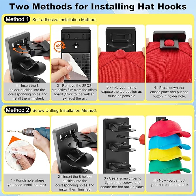 2 Pack MultiLayer Hat Organizer for Baseball Caps, Holds 16 Hats, Hat Hook for Wall, Dual Mount (Adhesive/Screws), Space Savi