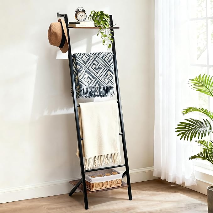 5 Tier Blanket Ladder with Shelf and Hooks, 4.8ft Metal Ladder Shelf Blanket Holder Storage Rack for Living Room, Free Standi
