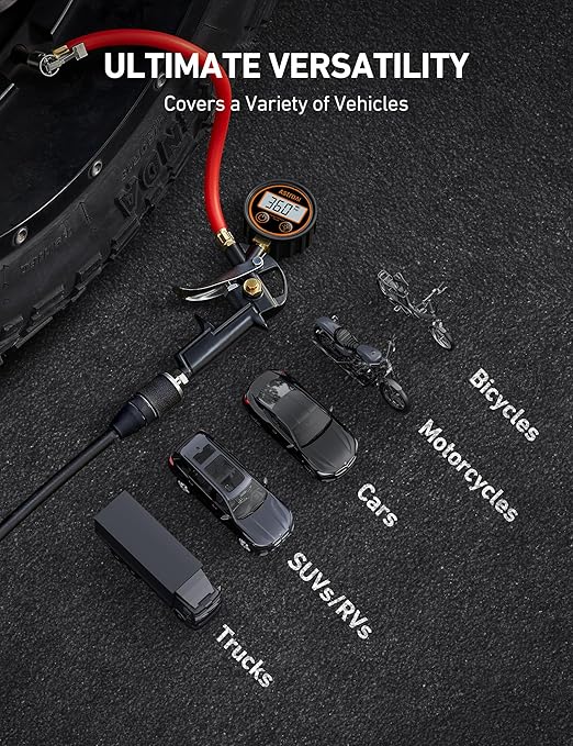 AstroAI T1 Digital Tire Pressure Gauge with Inflator, 3-250 PSI Air Chuck with Pressure Gauge, Heavy Duty with Quick Connect Coupler, Calibrated to ANSI B40.7 Grade 2A
