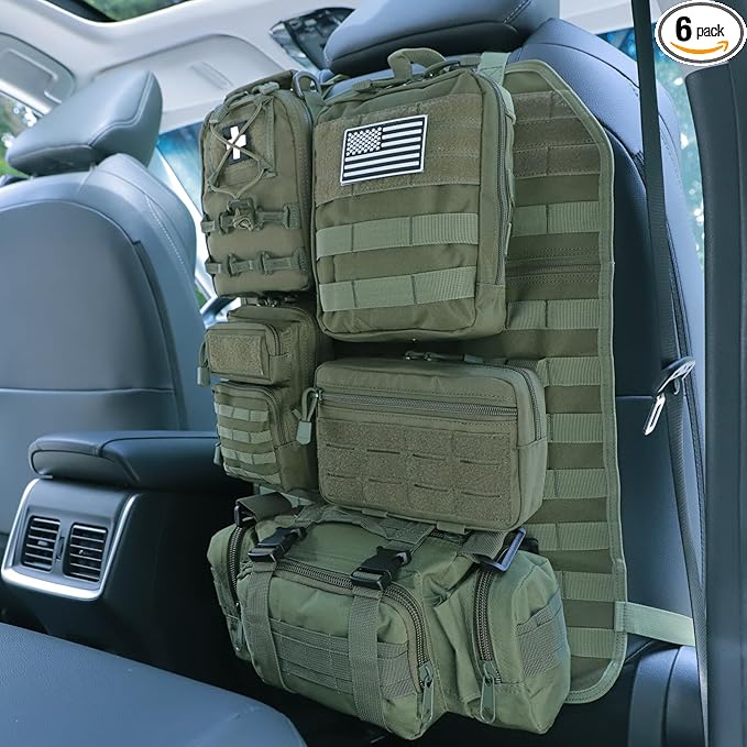 Universal Tactical Car Seat Back Organizer Bag Tactical Molle Vehicle Organizers Panel Vehicle Protector Organizers with 5 Detachable Pouches for Car Truck Ford Jeep (Model B-Army green)