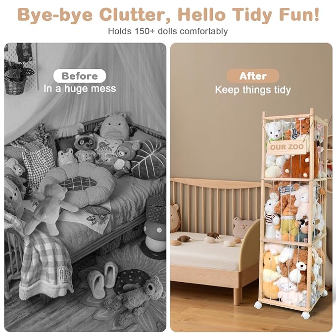 Stuffed Animal Storage, Wooden Cute Zoo Toy Holder with Brake Wheels, Space Save Toy Organizer, Large Capacity Stuffed Animal