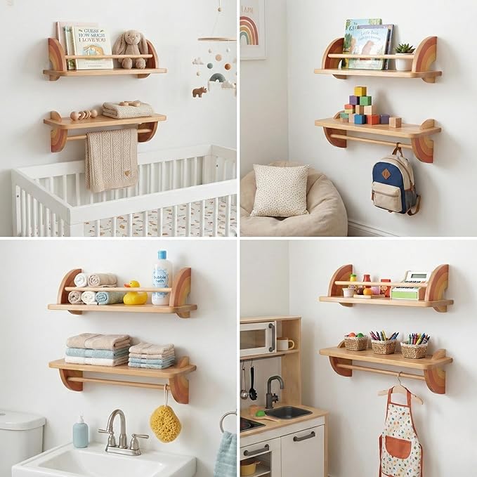 Rainbow Floating Bookshelves for Kids Set of 2 - Montessori Wall Shelf for Nursery, Pastel Wooden Book Display, Hanging Books