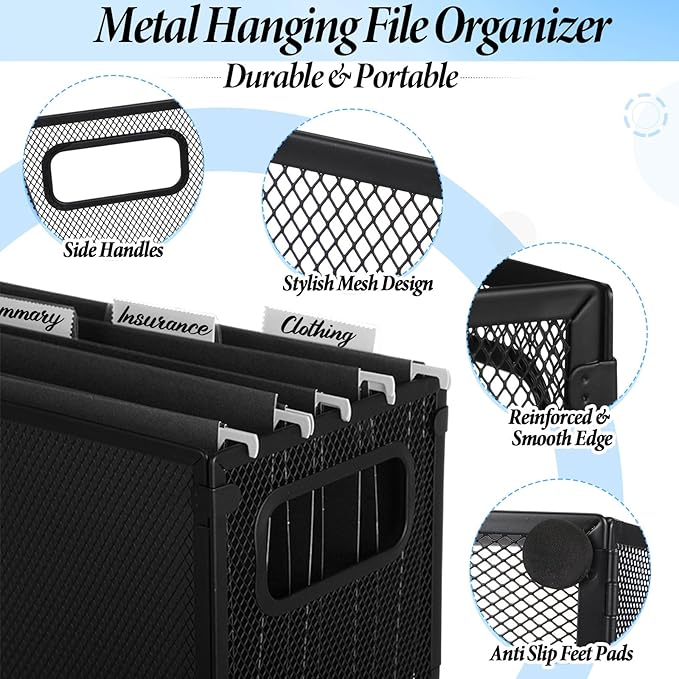 2 Pack Hanging File Holder, 10 Hanging Folders, Metal Mesh, Letter Size Folder Storage, Desktop Storage Cabinets, Office Scho