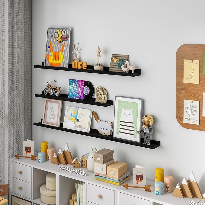 Picture Ledge Shelf for Wall, 24 inch Solid Pine Wood Nursery Book Shelves 2 Packs, Floating Ledge Shelves for Kids' Room Bed