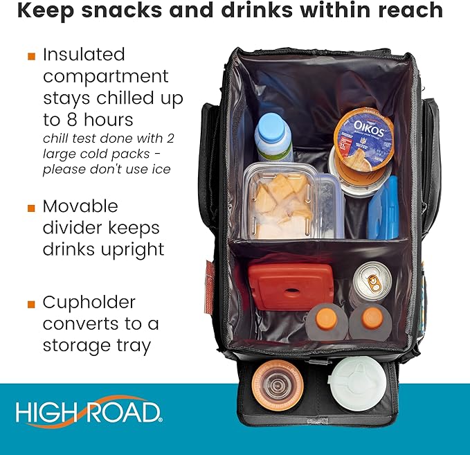 High Road Large CarHop Car Seat Organizer for the Front or Back Seat for Kids and Adults with Cup Holder Tray, Side Pockets and Cooler Compartment