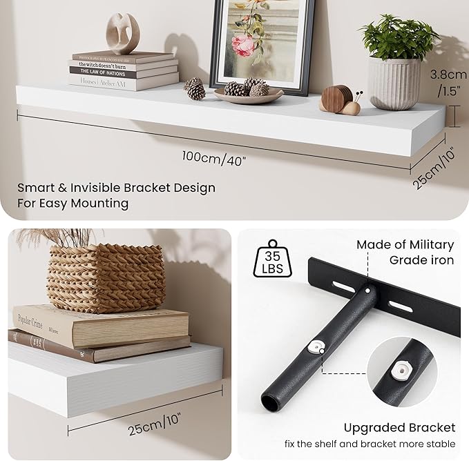 Fun Memories Floating Shelves Set of 2, 40 Inch Long Wooden Wall Shelves, 10 Inch Deep Wall Mounted Storage Shelf with Metal 
