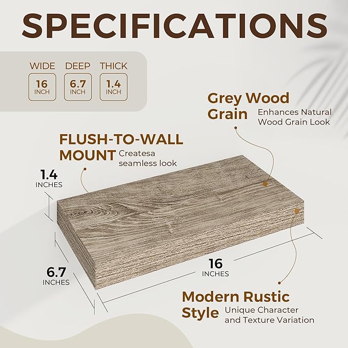 Dreamland 16 Inches Floating Shelves for Wall,6.7 Inch Deep Floating Shelves Set of 2, Large Display & Storage Shelf, Wall Sh
