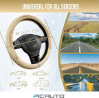 PIC AUTO Steering Wheel Cover, Gold Patterned Leather Patchwork Design, Universal Fit 14.5"–15.5", Anti-Slip, Odor-Free, Soft