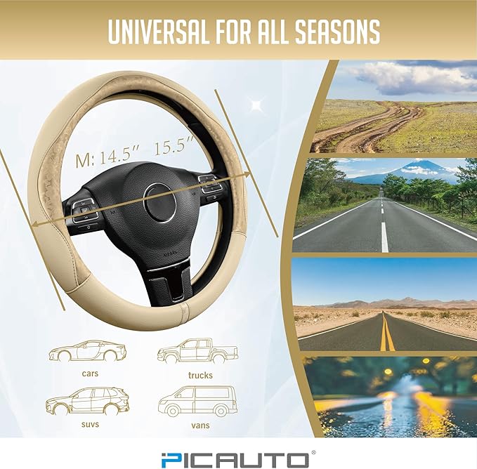 PIC AUTO Steering Wheel Cover, Gold Patterned Leather Patchwork Design, Universal Fit 14.5"–15.5", Anti-Slip, Odor-Free, Soft