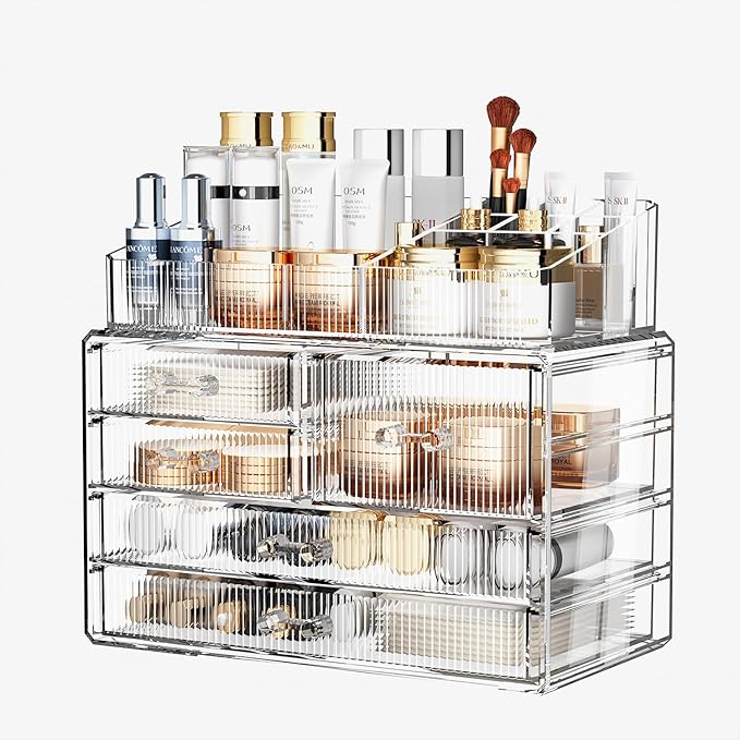 ZHIAI Stackable Storage Drawers, Acrylic Bathroom Counter Organizer Clear Makeup Organizers for Vanity, Kitchen Cabinets, Bat