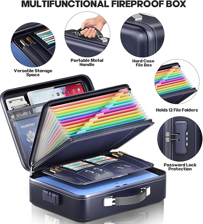 Fireproof Document Box, Hard Case Highly Flame-Resistant Fire Proof Waterproof File Organizer with Lock, Portable Fire Safe f