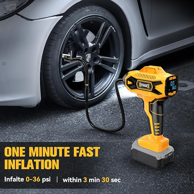 160PSI Cordless Tire Inflator Compatiblew with Dewalt 20V Battery, Portable Air Compressor for Auto, Motorcycles, Bikes, Car Air Pump with Auto Shut-Off, LCD Display, LED Light, 4 Nozzles