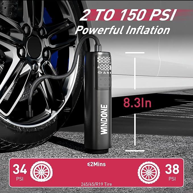 Windone Car Vacuum, 12000Pa 2-in-1 Cleaner & Tire Inflator 150PSI, 60W Brushless Motor, Cordless Handheld Vacuum & Air Pump w