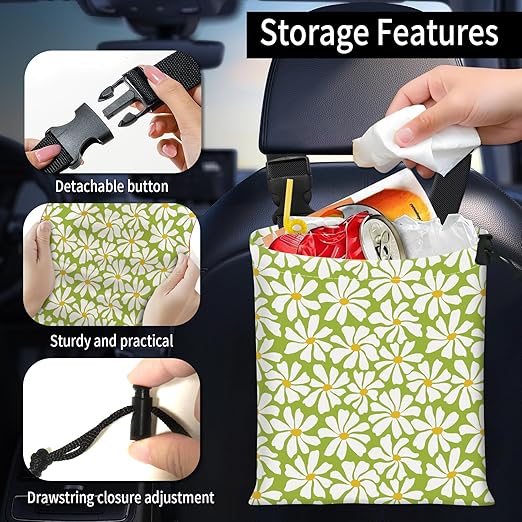 Car Trash Bag Large Hanging Can for Back of Seat, Cute Waterproof Car Garbage Bag for Vehicle, Travelling, Outdoor Cute Green White Flower