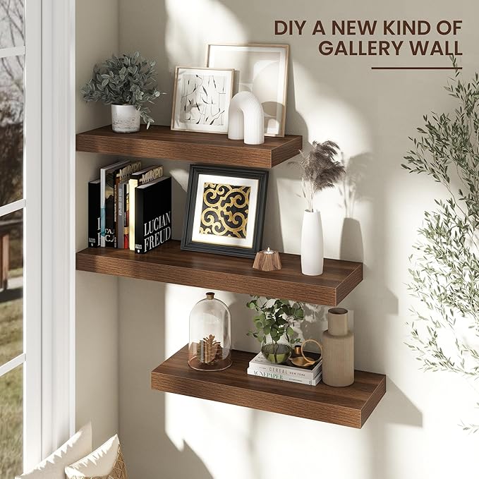 Floating Shelves for Wall, 30" W x 12" D x 2" H, 2 Pack of Long Wall Mounted Engineered Wood Shelves with Invisible Brackets 