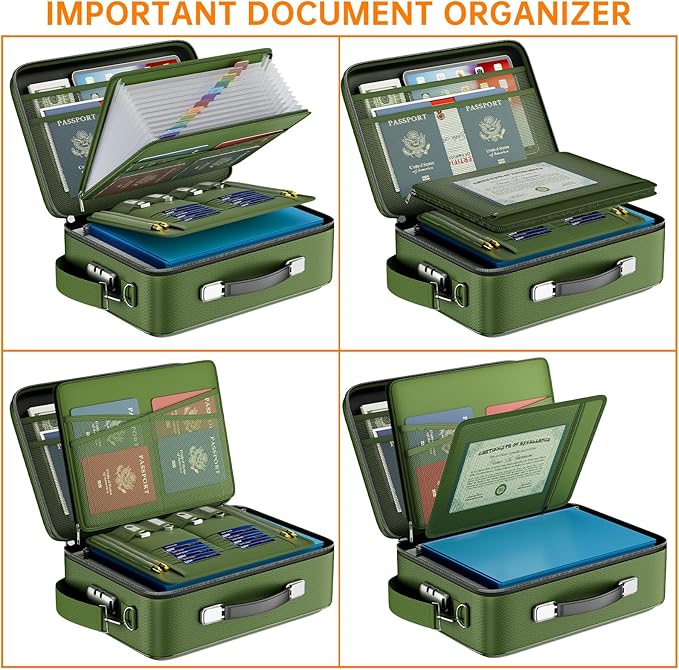 DocSafe Fireproof Document Box with Lock＆Shoulder Strap,Hard Case File Organizer with Accordion File Folder,Multi-Layer Porta