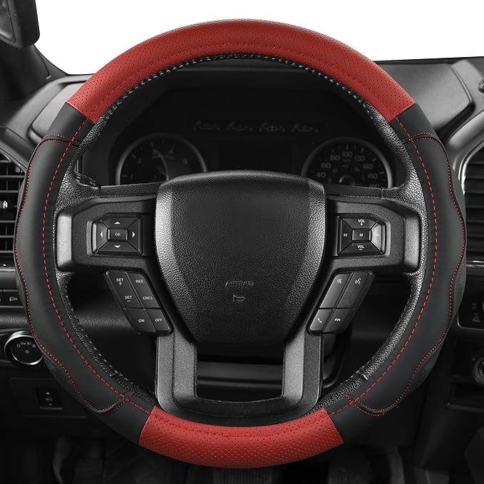 West Llama Car Steering Wheel Cover for Ford F-150, F-250, F-350, Expedition with 3D Texture (Black+Red-Large Size)