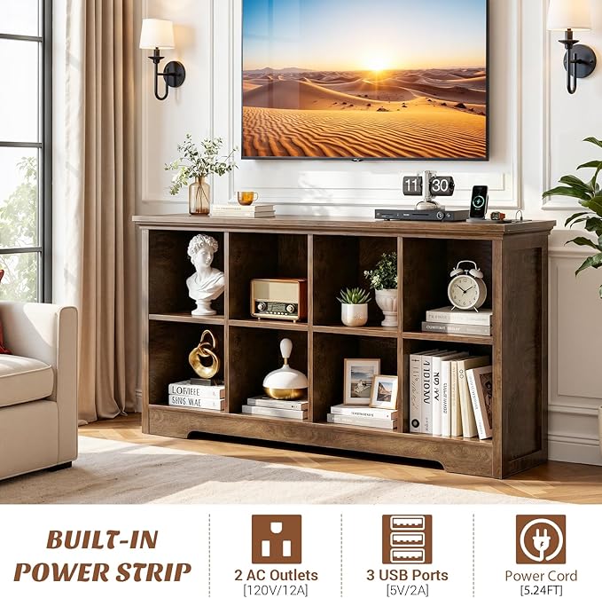 Aheaplus Wooden 8-Cube Storage Organizer with Charging Ports, Modern Cube Bookcase with Base, 3-Tier Floor Standing Open Cubb