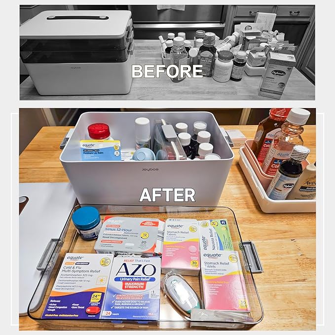 JOYBOS 3-Tier Medicine Storage Box Cabinet, Empty First Aid Kit Portable Medical Supply Organizer with Leather Handle for Hom