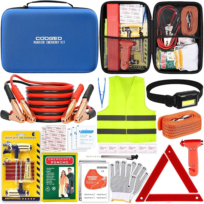15PC Car Emergency Kit with Jumper Cables, Roadside Assistance Safety Kit for Auto & Truck, Includes Safety Hammers, Tow Stra