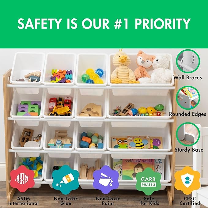 Humble Crew Toy Storage Organizer with 16 Removable Storage Bins for Kids Playroom, 4-Tier Toddler Toy Organization and Stora